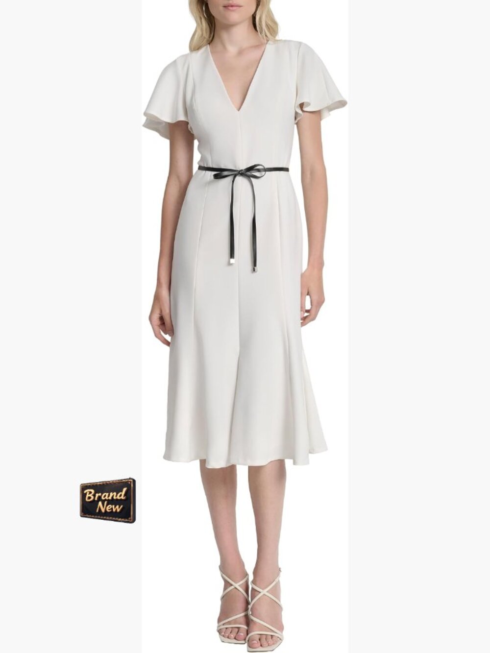 Flutter Sleeve V-Neck Tie Belt Fit Flare Midi Dress